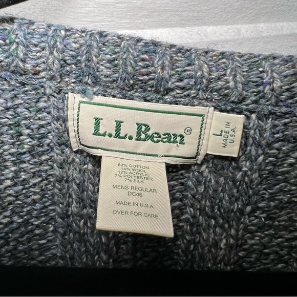 L.L. Bean cable knit men’s V neck sweater blue/grey wool blend size Large - Picture 5 of 10